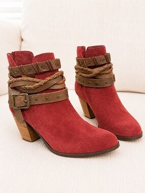 Naughty Monkey Red Ankle Boots with Brown Straps